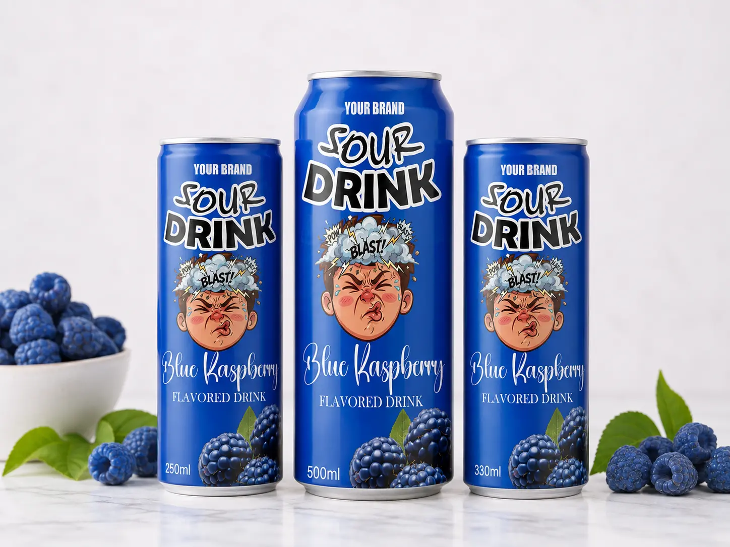 SOUR DRINK Blue Raspberry Flavored Drink in 250ml, 500ml, and 330ml cans.